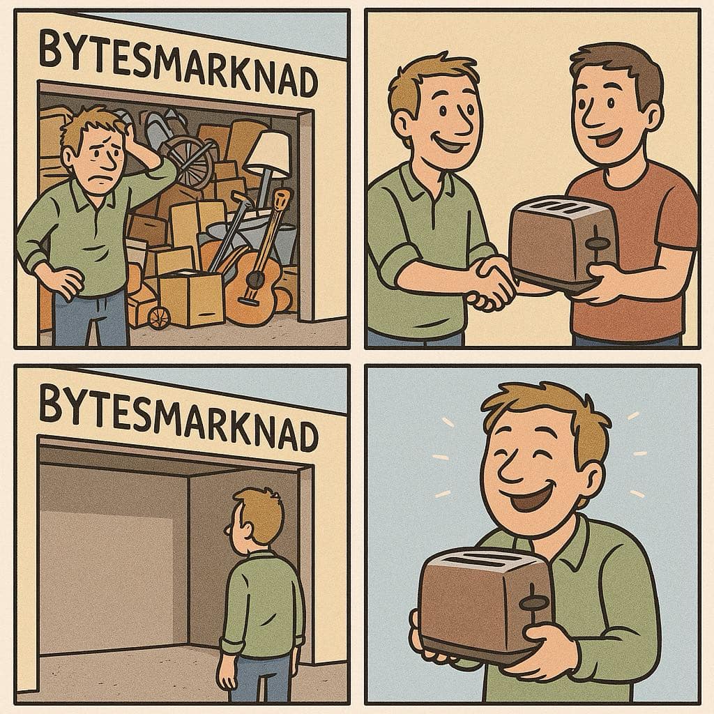 Bytesmarknaden serieteckning som visar bytesprocessen